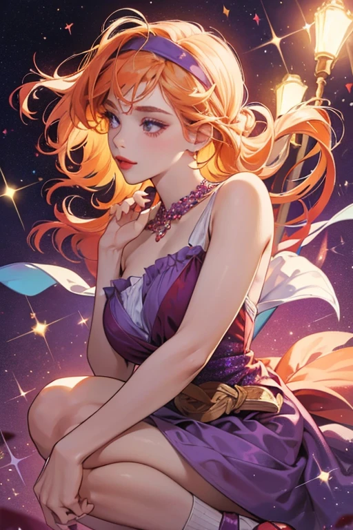 She is a light orange with light indigo hair and red lips. She wears a purple dress, shoes, and headband. SPARKLE; GLITTER