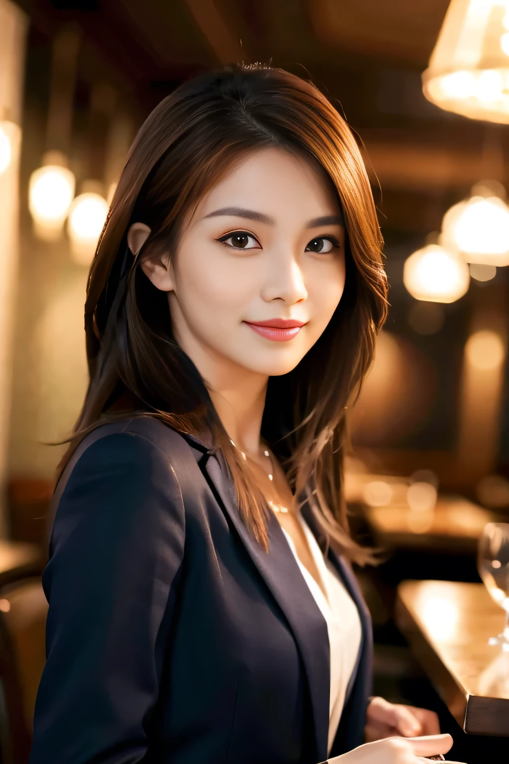 masterpiece, highest quality, Realistic, Very detailed, Finer details, High resolution, 8k wallpaper, One beautiful woman, Wear casual business attire, In a great restaurant, At night, Light brown messy hair, Perfect dynamic composition, Beautiful and beautiful eyes