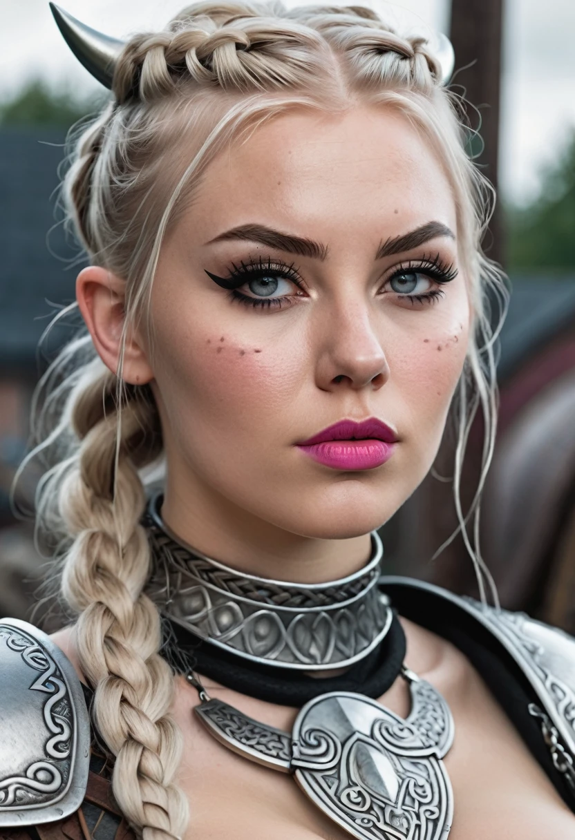 Hyper realistic photo Realism CG 8K. Giant Scandinavian tattooed viking girl, hyper realistic detailed Perfect face, thin curved platinum blonde eyebrows, black eyeliner,long luscious eyelashes, black eye shadow, curved lips, matte pink lipstick, long messy viking braids, real viking armor, large voluptuous breast, perfect ass,