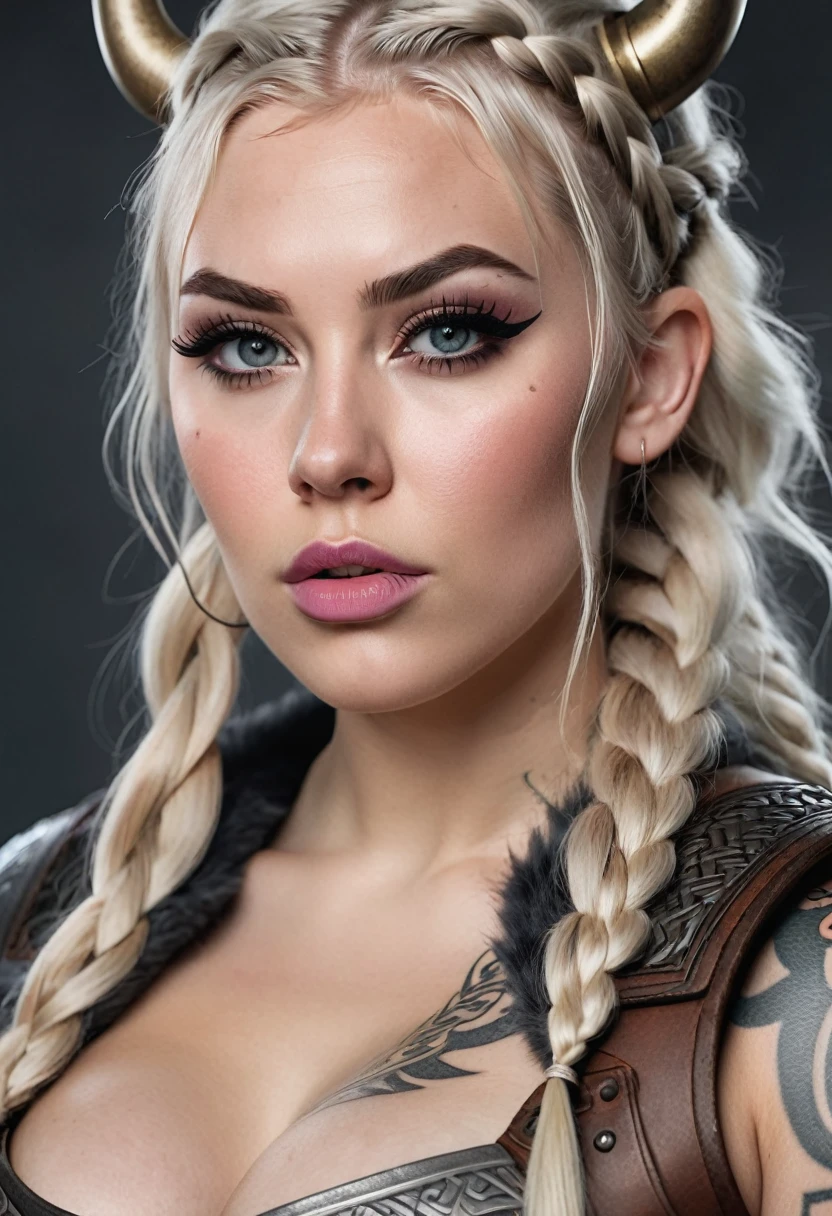 Hyper realistic photo Realism CG 8K. Giant Scandinavian tattooed viking girl, hyper realistic detailed Perfect face, thin curved platinum blonde eyebrows, black eyeliner,long luscious eyelashes, black eye shadow, curved lips, matte pink lipstick, long messy viking braids, real viking armor, large voluptuous breast, perfect ass, 