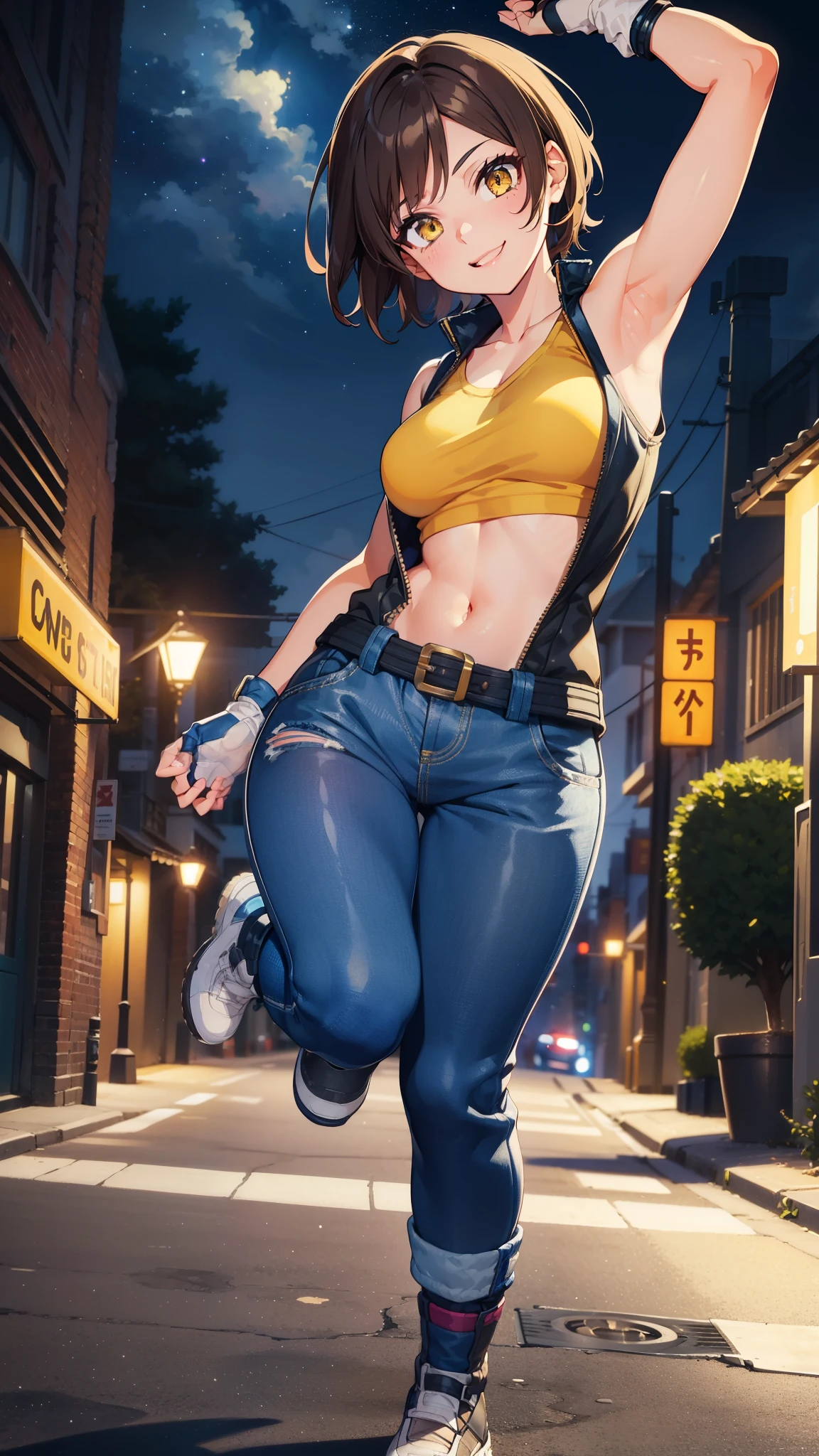 street dancer,  short hair, brown hair, yellow glowing eyes, perfect lips,big smile , confident smile,cute expression, cute face, dinamic pose, fingerless gloves, gun, tank top, jacket, cute pose, ultra detailed face, long eyelashes, sharp eyes , Fullbody shot, dinamic viewer, night sky , dinamic point of view 