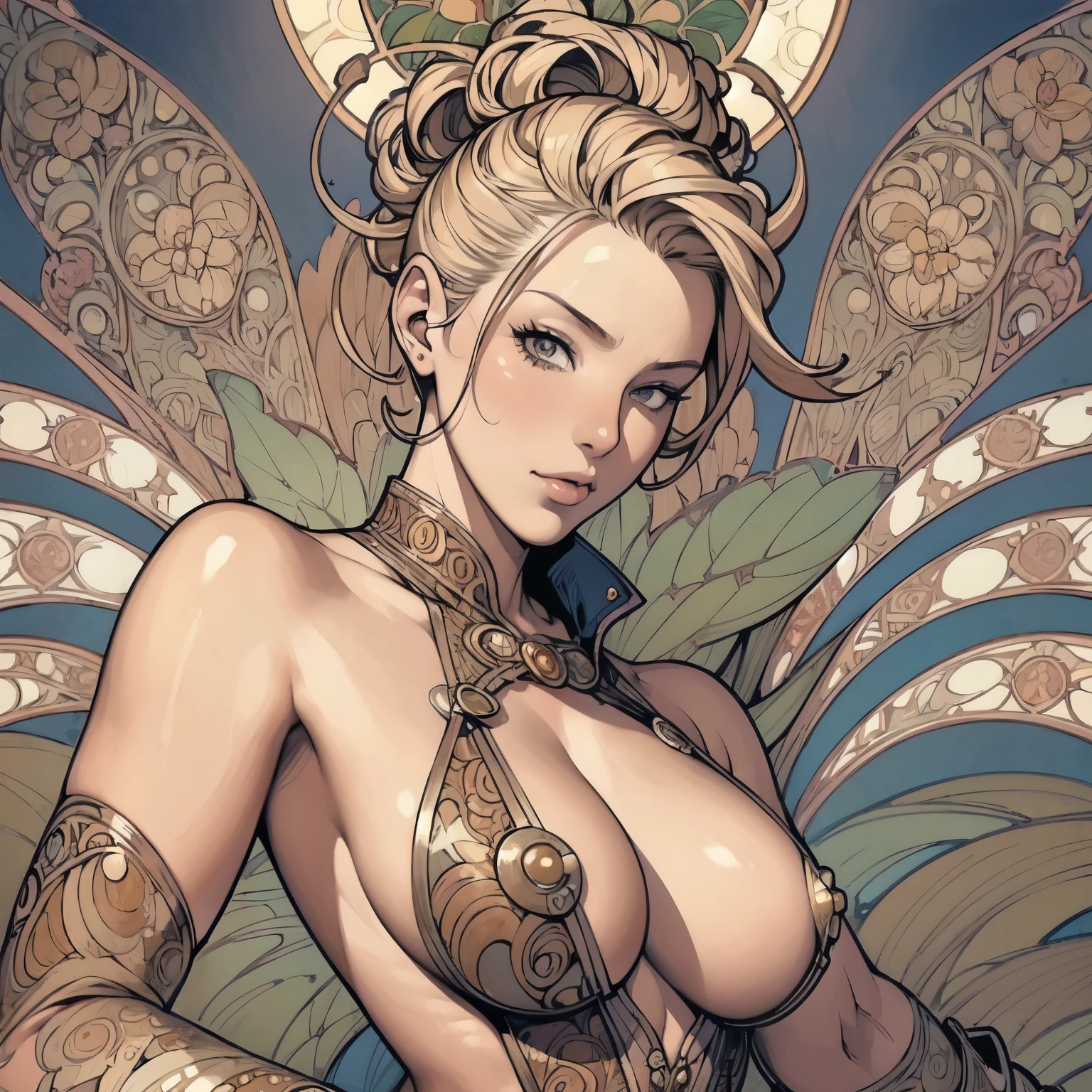 ((Detailed face)),((Mucha's style)),(vulgar),(portrait),((African woman)),Tits that are too big,blond hair,pompadour,((addiction to sex))((light-armed man warrior)), half sticking out of clothes,(high position:1.6)
