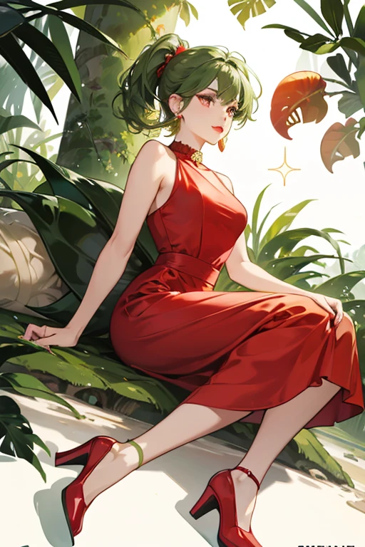 She is an olive green with a jungle green dorsal fin and red lips. She also wears a bright red dress, shell earrings, and shoes. SPARKLE; GLITTER