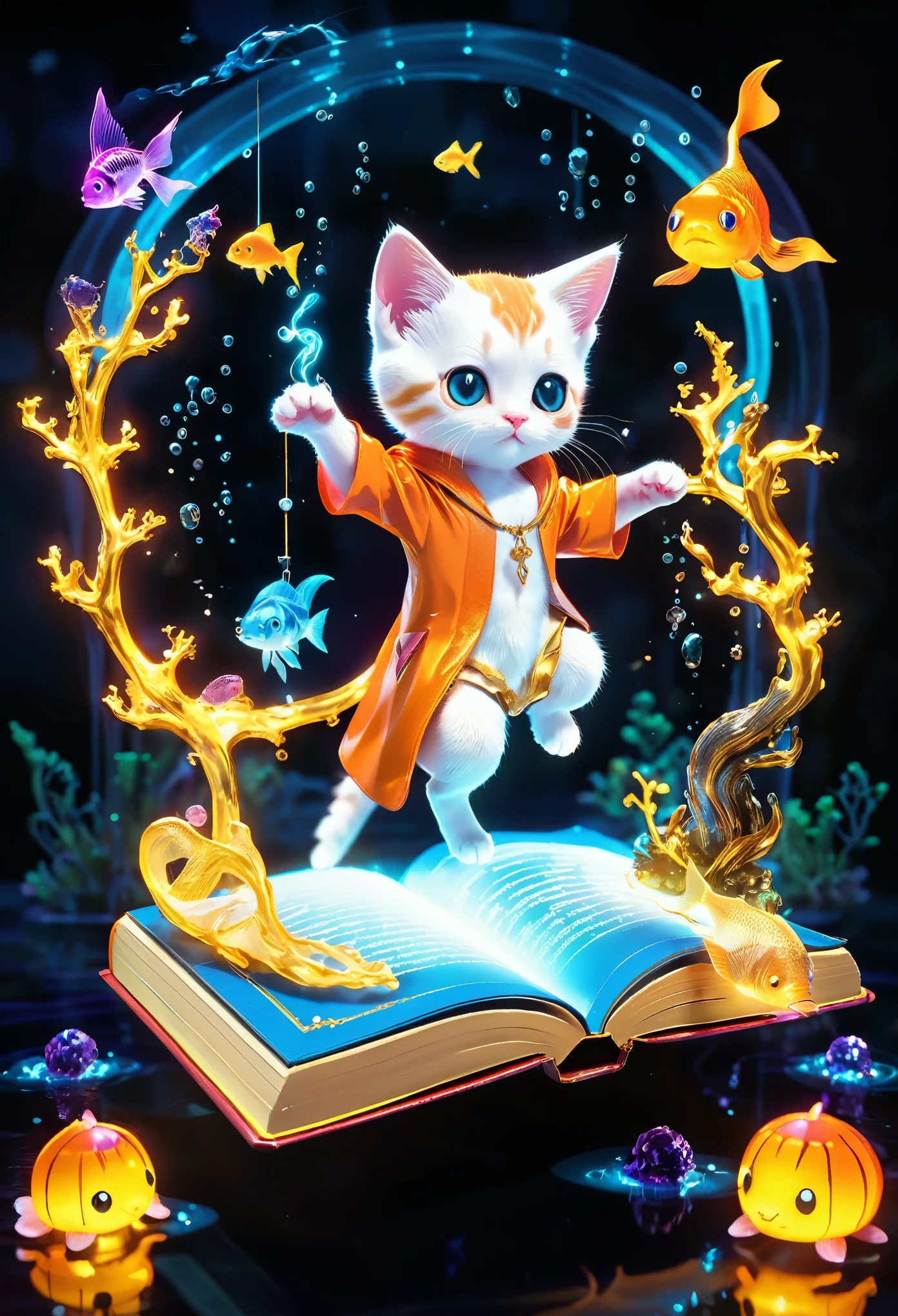 excellent quality, masterpiece, best quality, Super detailed, Super detailed, Ultra HD, Perfect anatomical structure, Magical World,
(Kitten and fish:1.4), Fish in the air, Spell Magic to get fresh fish as food,( Fish jumping out of the magic book:1.3), energy flow,
The whole body of a cute kitten, Kawaii, Wearing witch robes, Witch hat, Holding a magic book, Magic book in a hand, Spell Magic,
Extremely detailed,
Glowing neon lights, luminescent,