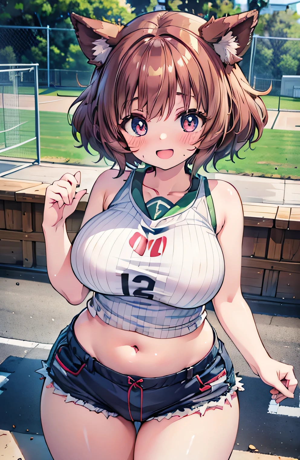 Anime illustration、highest quality、A short and voluptuous high school girl idol、Sporty tube top、High leg、Dog park、Perfect proportions、overwhelmingly big breasts、Beautiful, shining eyes、Blushed、smile、Cowboy Shot、Dangerous Beast