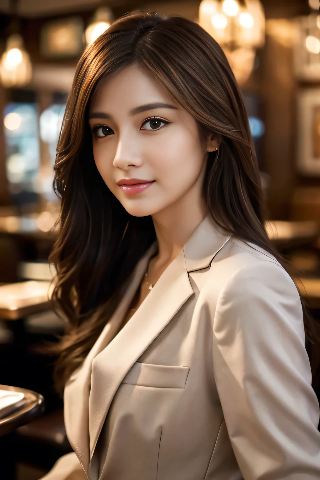 masterpiece, highest quality, Realistic, Very detailed, Finer details, High resolution, 8k wallpaper, One beautiful woman, Wear casual business attire, In a great restaurant, At night, Light brown messy hair, Perfect dynamic composition, Beautiful and beautiful eyes