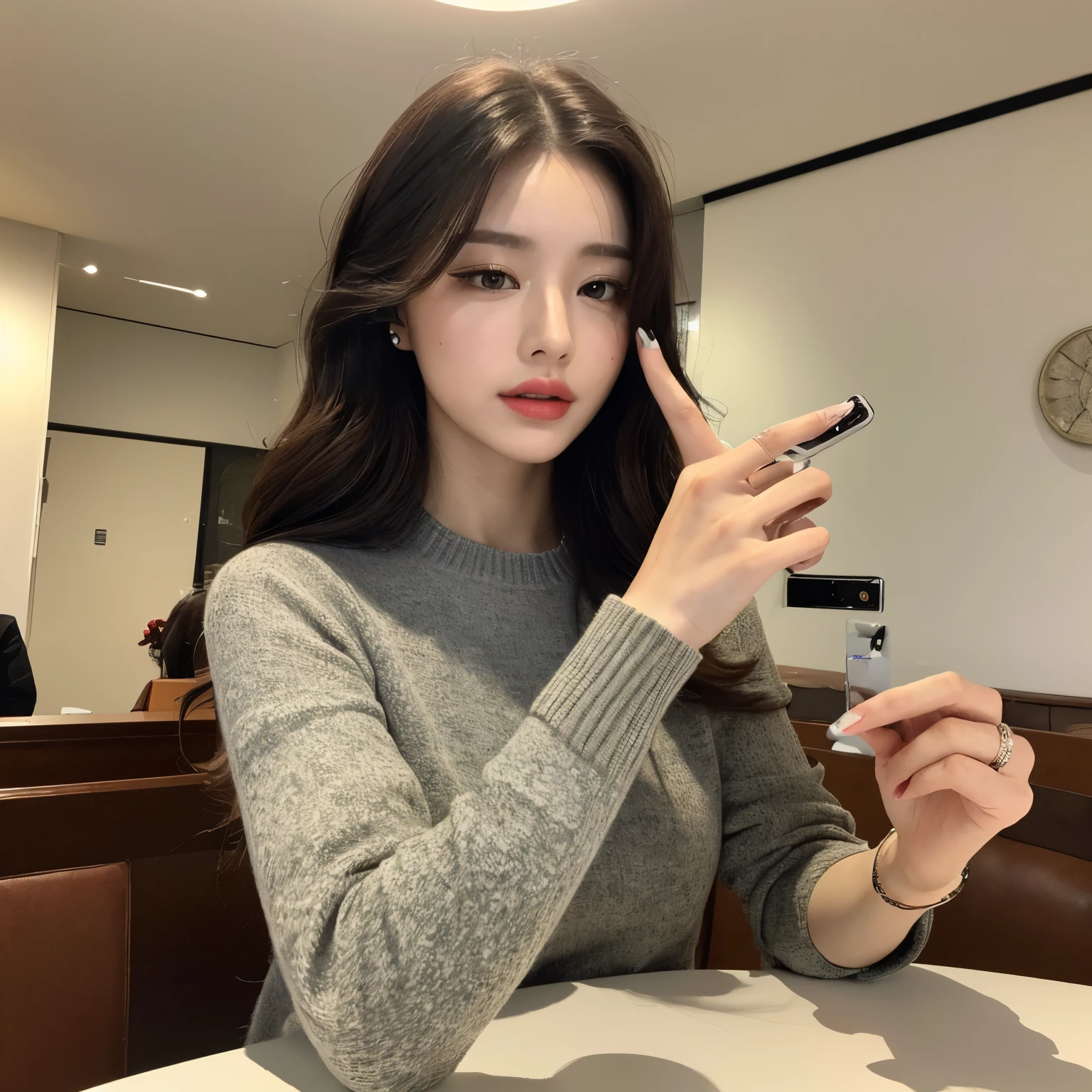 ((High-definition, 4K, Masterpiece: 1.3)), A woman, Focus on charging her mobile phone: 1.1, Sleek and modern attire: 1.2, Detailed facial expression showing relief: 1.3, Nails painted with a vibrant color: 1.2, Long, wavy hair: 1.2, Table with an elegant design: 1.2, Mobile device in hand: 1.1, Warm and welcoming ambiance: 1.2, Recarga saldo celulares, Detailed hands, Realistic texture, Professional lighting.