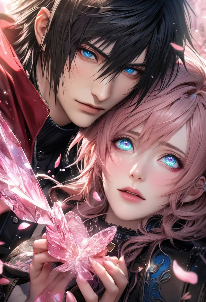 Ultra detailed, Highres, absurdres, HDR, master piece, Claire Farron, wavy pink short hair, pale aqua expressive eyes, Final Fantasy XIII, Noctis Lucis Caelum, black hair, expressive blue eyes, black long coat with patterns, pink ice flowers, petals, extremely handsome, 1 woman together with 1 man together, couple, extremely detailed eyes and face, pink ice, pink ice glittering butterflies, red cape, realistic face, glittering, glittering eyes, Lightning Farron,