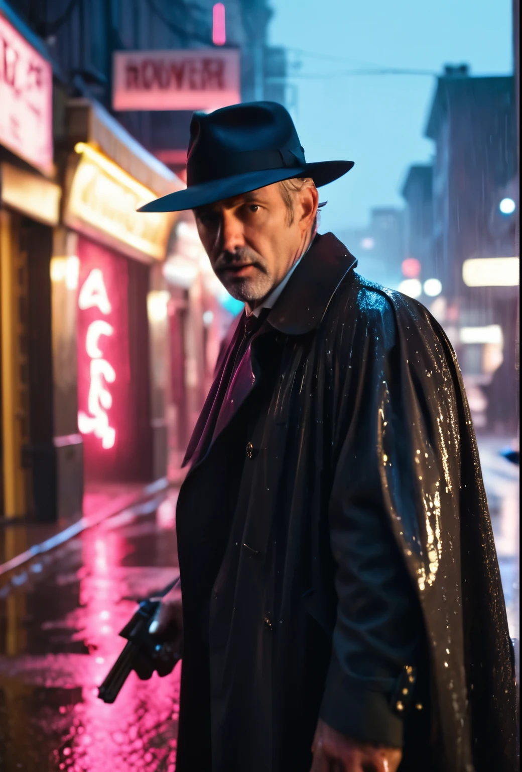 Cinematic film yet {Neon Noir Showdown: (masterpiece, 8K, UHD, photorealistic:1.3), gray-haired detective with (stubble and piercing scarlet eyes:1.1), (Cloak:1.2), fedora hat, in a rain-wet alley, neon signs reflected in puddles, tense confrontation with a ghostly figure, (antique revolver:1.2), steam rises from the sidewalk, Contrasting (neon pink and electric blue:1.1) lighting, close-up, side view, gaze, dramatic shadows, wet asphalt, capricious and atmospheric, Raindrops in the air, (anxious anticipation:1.1), detailed facial expressions} . shallow depth of field, vignette, very detailed, high budget, hips, synoscope, capricious, Epic, fabulous, granularity, grainy