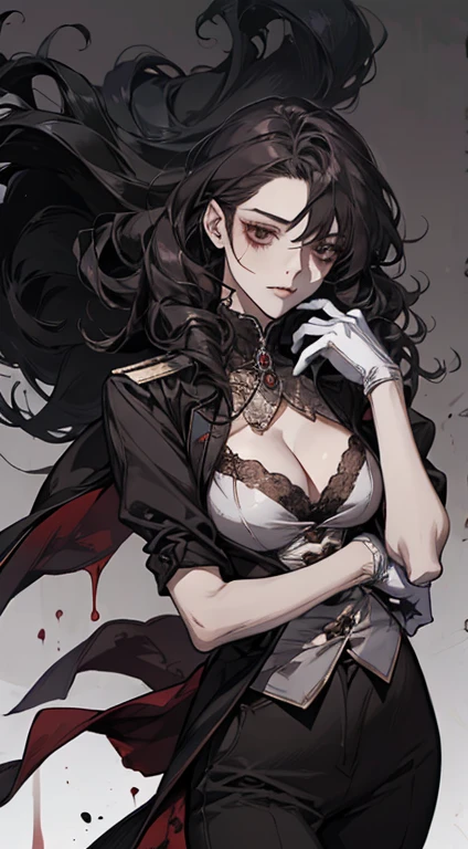 A female character,femele,Sister,solid color backdrop,character design,Conceptual role,buisness suit,trouser,Left hand wearing red glove,combats,black long curly hair,gallant,Chic and handsome,Imperial sister,Close-up cleavage,Splashing blood