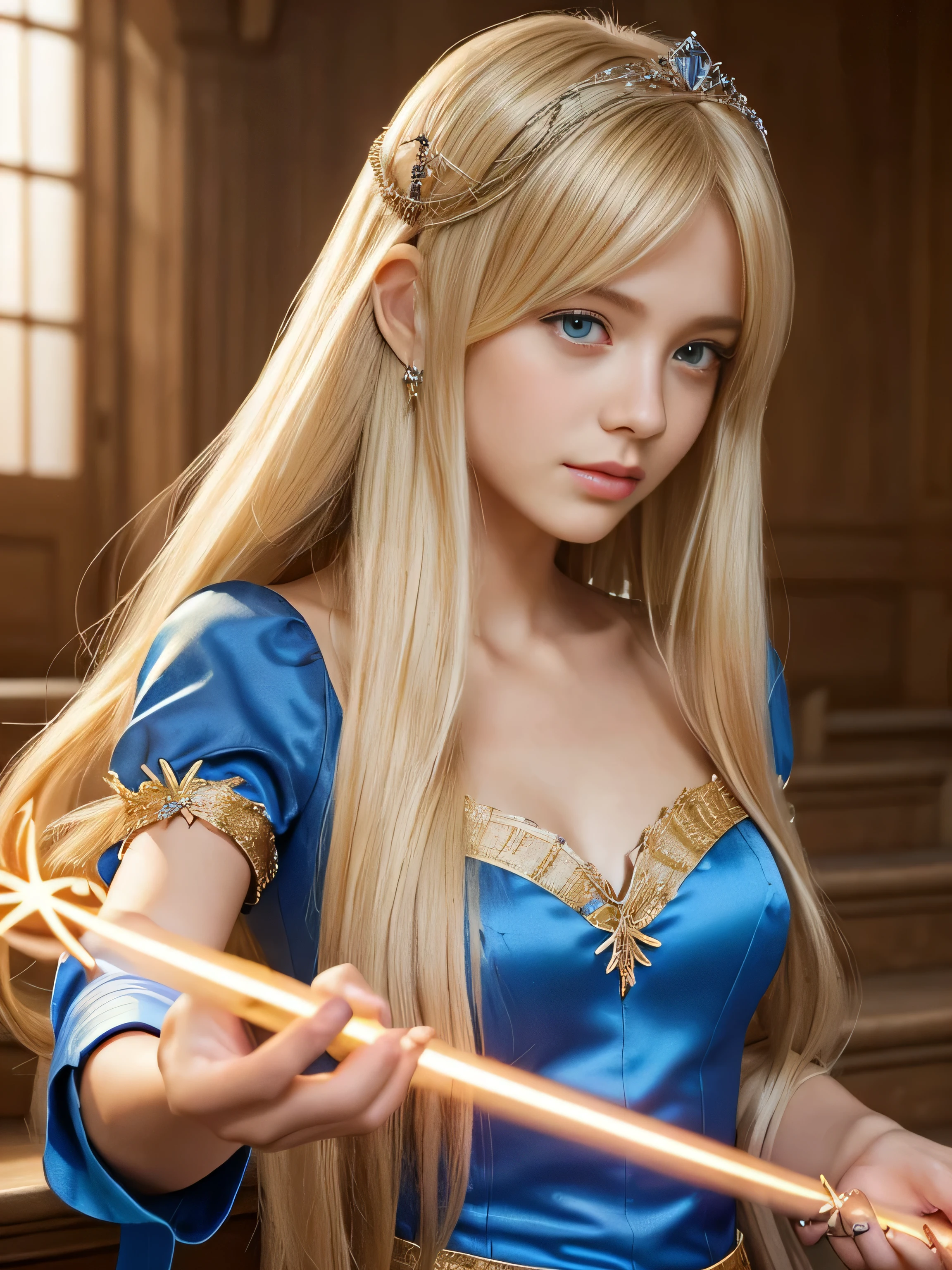 ((Full Shot:1.3)) (big 1.4) Beautiful Fantasy Girl ((highest quality)), ((masterpiece)), (Get used to it), Perfect Face (1 girl) (French) (She is 15 years old、The cutest teen in France.) ((highest quality)), ((masterpiece)), length blonde hair length, shining golden hair,Golden Silky Hair, Straight blonde hair, length blonde straight hair, Perfect Silky Straight Hair, Straight blonde hair, length blonde hair, Her hair is long and straight, detailed length blonde hair ((big 1.4)) Super Long Hair down to the ankles ((Neat bangs The neatly trimmed bangs are princess cut and cover the entire forehead.......))... bright crimson lips good, Anatomically correct hand Thin fingers Anatomically correct five fingers Sexy professional makeup Beautiful French girl face, French facial features, Long Hair shiny Long Hair, length, shining golden hair, length, Straight Golden Hair, Her hair is long and straight, Super Long Hair girl, Silky Hair, length blonde hair, Silky Hair, length, Flat Hair, Silky texture, Long Hair, length, flowing blonde hair, thin and shiny hair Anatomically correct、White beautiful human skin and detail of hands and fingers Beautiful Eyes Mouth Details the corners of the mouth rise slightly Cool look (The eyebrows are dark brown in color) (She is wearing the gorgeous blue dress worn by Cinderella in the live-action version. Disney Color Photos、tumbler、Renaissance、Cinderella、She is wearing a gorgeous Victorian blue dress.) (This is a 16th century European town.:1.3) (She is posing as if she is casting a spell with a magic wand.:2.0)