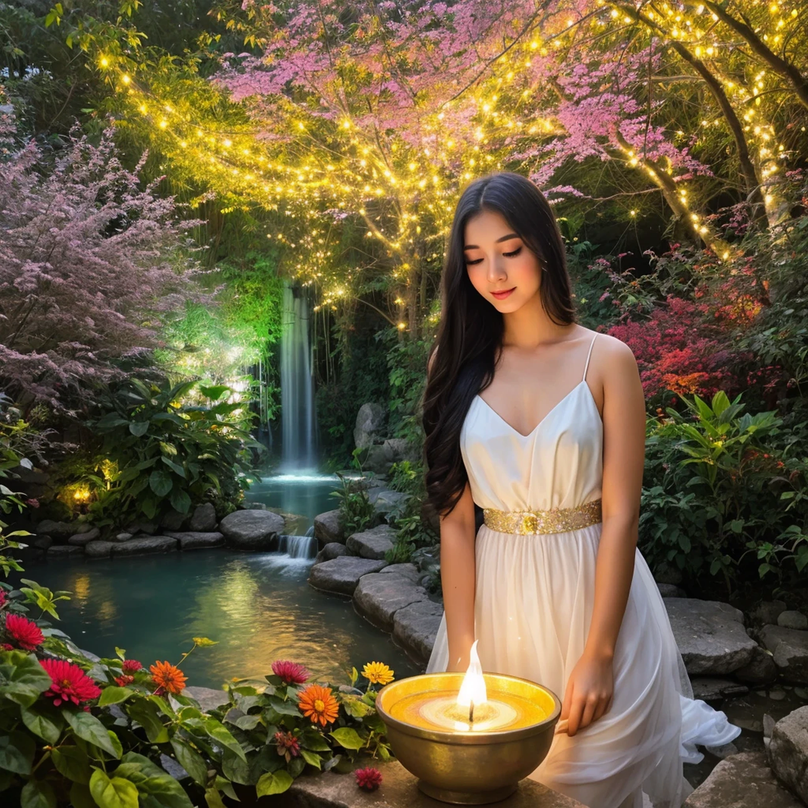 (a girl surrounded by colorful light, shimmering particles, glowing atmosphere, beautiful detailed eyes, long eyelashes, ethereal beauty, soft and flowing hair, floating particles, magical ambiance, dreamy garden, vibrant colors, soft focus, enchanting scene, mystical lighting) (oil painting, highres:1.2),ultra-detailed,photorealistic,impressionism,vivid colors,airy and bright ambiance,light and shadow