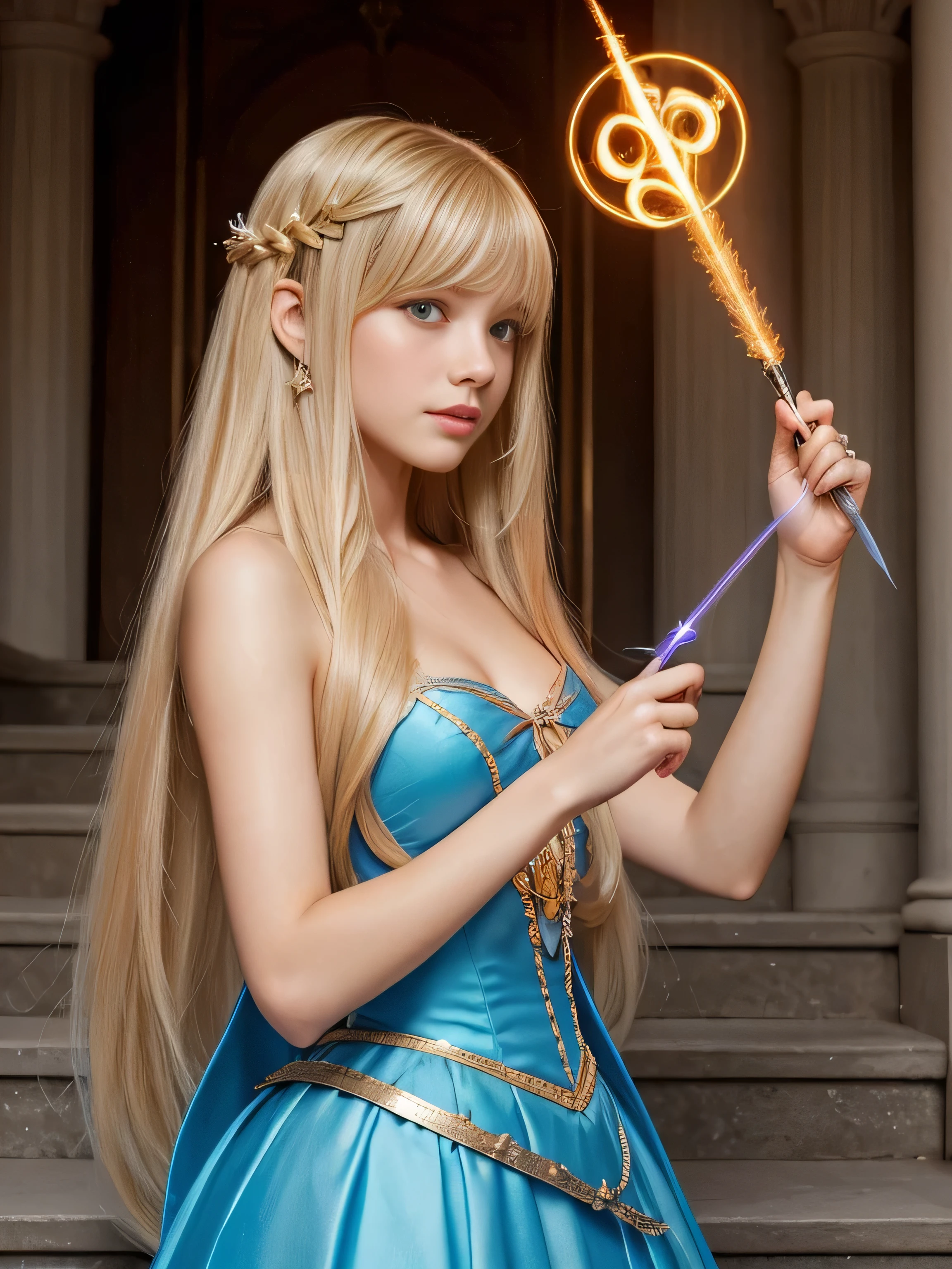 ((Full Shot:1.3)) (Big Breasts 1.4) ((highest quality)), ((masterpiece)), (Get used to it), Perfect Face (1 girl) (French) (She is 18 years old、The cutest and most beautiful fantasy girl in France) ((highest quality)), ((masterpiece)), length blonde hair length, shining golden hair,Golden Silky Hair, Straight blonde hair, length blonde straight hair, Perfect Silky Straight Hair, Straight blonde hair, length blonde hair, Her hair is long and straight, detailed length blonde hair ((big 1.4)) Super Long Hair down to the ankles ((Neat bangs The neatly trimmed bangs are princess cut and cover the entire forehead.......))... bright crimson lips good, Anatomically correct hand Thin fingers Anatomically correct five fingers Sexy professional makeup Beautiful French girl face, French facial features, Long Hair shiny Long Hair, length, shining golden hair, length, Straight Golden Hair, Her hair is long and straight, Super Long Hair girl, Silky Hair, length blonde hair, Silky Hair, length, Flat Hair, Silky texture, Long Hair, length, flowing blonde hair, thin and shiny hair Anatomically correct、White beautiful human skin and detail of hands and fingers Beautiful Eyes Mouth Details the corners of the mouth rise slightly Cool look (The eyebrows are dark brown in color) (She is wearing the gorgeous blue dress worn by Cinderella in the live-action version. Disney Color Photos、tumbler、Renaissance、Cinderella、She is wearing a gorgeous white Victorian dress..) (This is the European prairie of the 16th century.:1.5) (She is posing as if she is casting a spell with a magic wand.:2.4) (close your eyes:1.5) (Open your mouth:1.5)