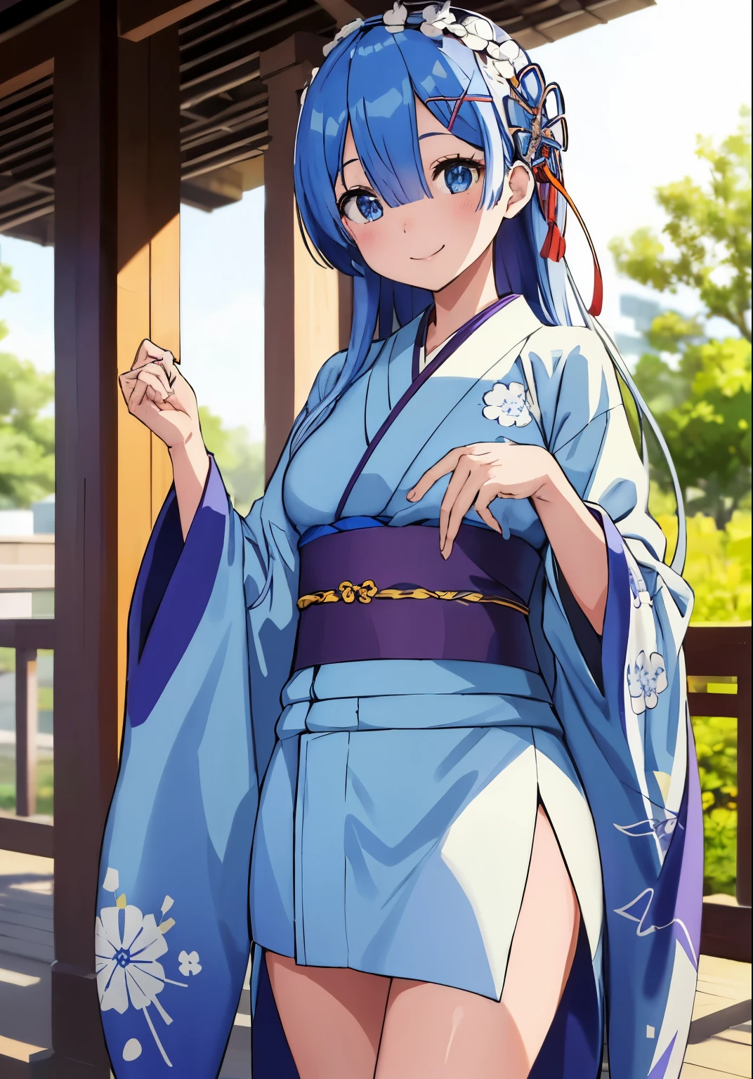 One girl, alone, Rem, (Long Hair:1.2), Cowboy Shot, Hair on one eye, Blue kimono, White sash, Printed kimono, smile