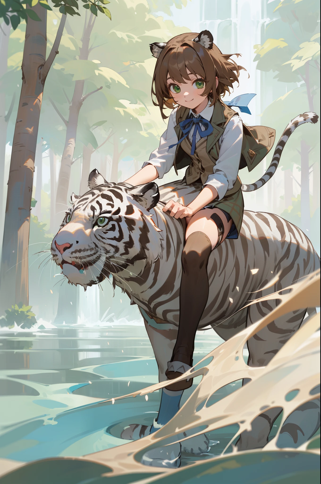 (Outdoor, forest, waterfall), One girl, (((White Tiger))), riding, (smile:1.3), masterpiece, highest quality, 8k, Perfect Anatomy,(((Short brown hair:1.2))), (((Green Eyes))),(((Ready-to-wear skirts))),(((Brown vest))),(((White shirt))),(((Blue ribbon))),(((Black thigh-high socks))),Erika Aoi,