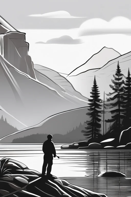 A old man in center of image, fishing rod in hand, large mordern boat, river between mountains, small and large rocks, waterfall in background, only outline used, outline, ((white background)) black and white, datails of frame, day shunshine, sun between clouds, no color (coloring book), the drawing lines only, free line, sketch style, no background, clean lines only.