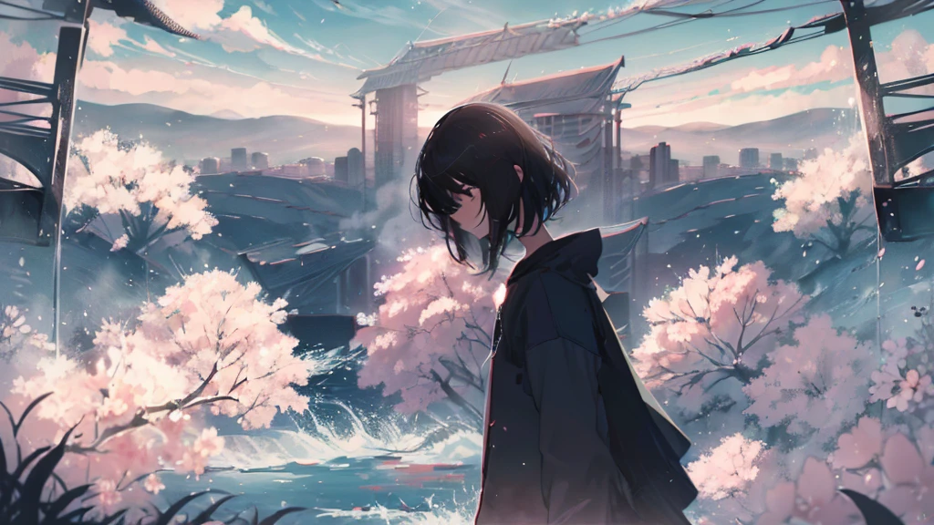 Product illustration for Girl in the Wind,cherry blossoms,In water,water,black hair,short bob,white skin,Pale complexion,Light skin tone,face forward,Are standing