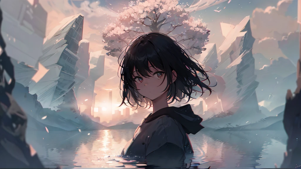Product illustration for Girl in the Wind,cherry blossoms,In water,water,black hair,short bob,white skin,Pale complexion,Light skin tone,face forward,Are standing