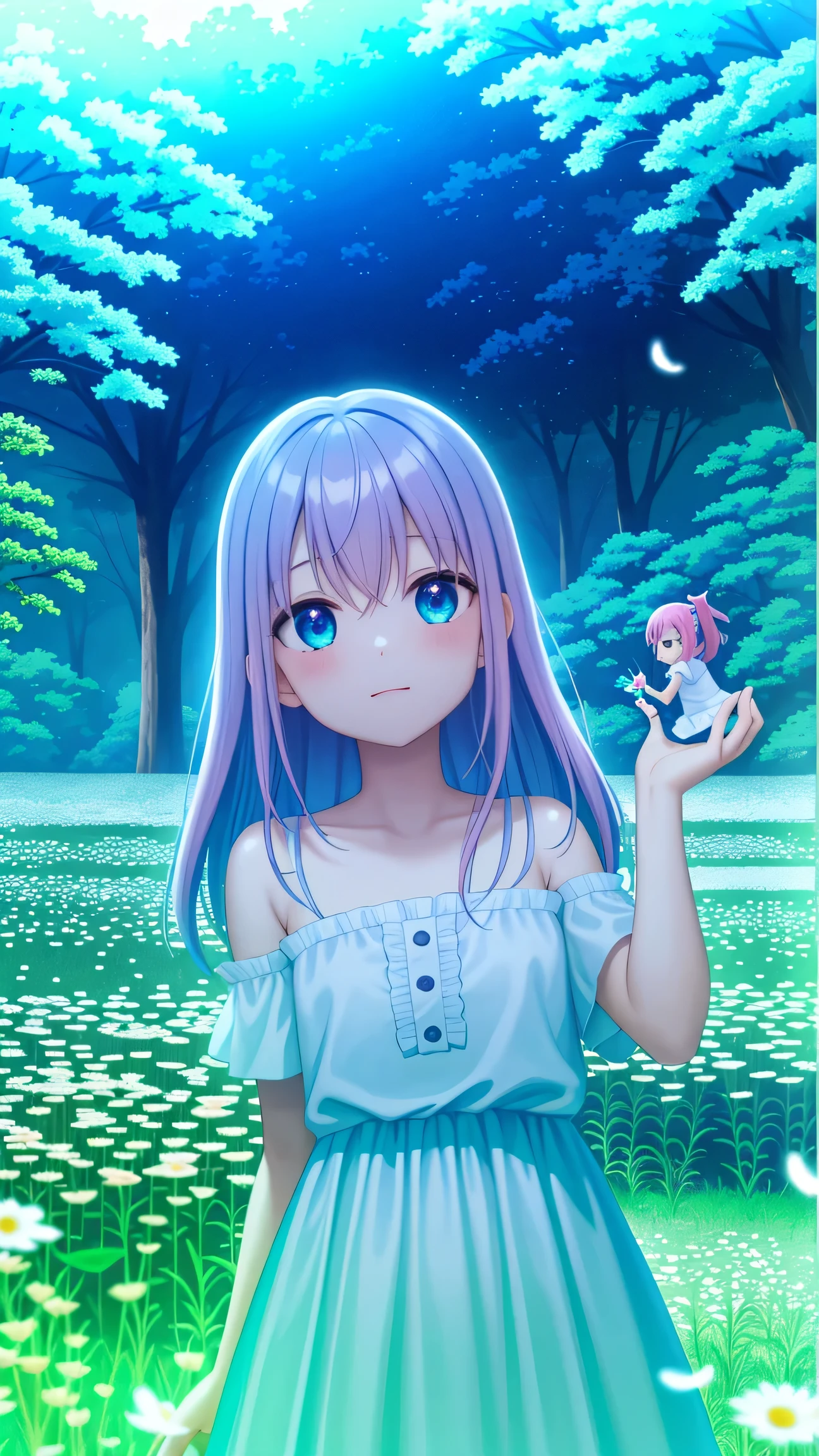 Two pure and innocent girls、8-year-old、2 people(One with pink hair、1 Name Light Blue Hair)、Cute face、Beautiful Eyes、Natural beauty、Warm sunshine、Wildflowers swaying in the breeze々Surrounded by、Enjoying time in the fields。Butterflies and birds flutter around her、Creates a playful atmosphere。