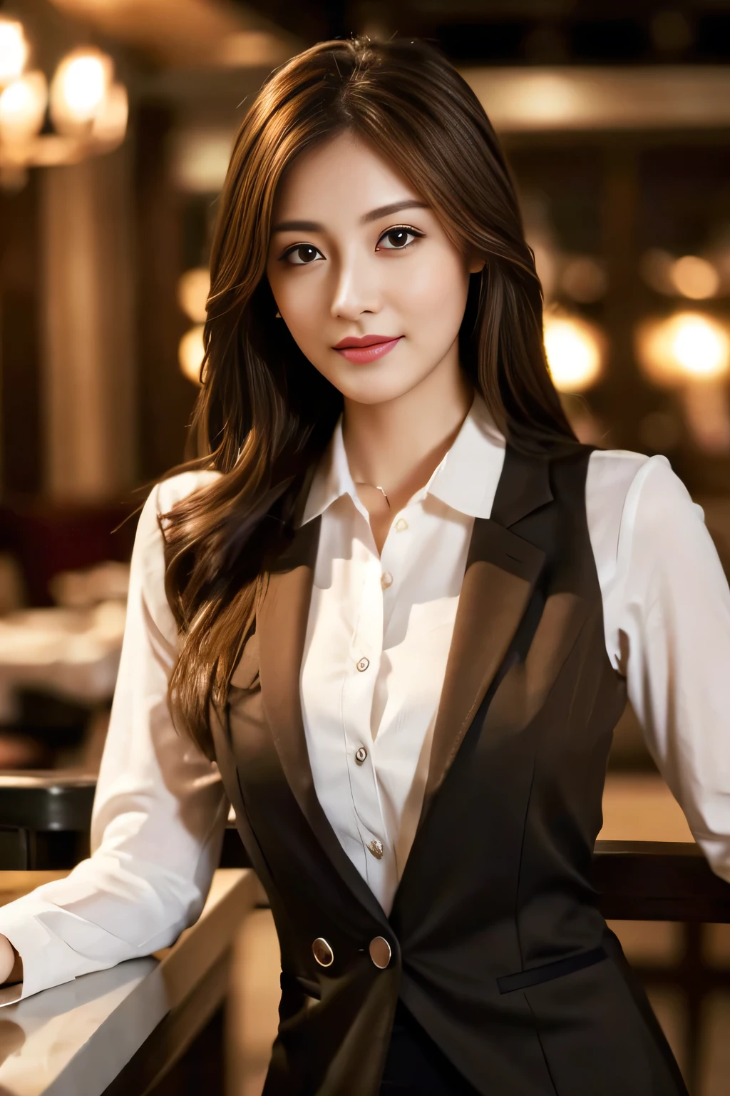 masterpiece, highest quality, Realistic, Very detailed, Finer details, High resolution, 8k wallpaper, One beautiful woman, Wear casual business attire, In a great restaurant, At night, Light brown messy hair, Perfect dynamic composition, Beautiful and beautiful eyes