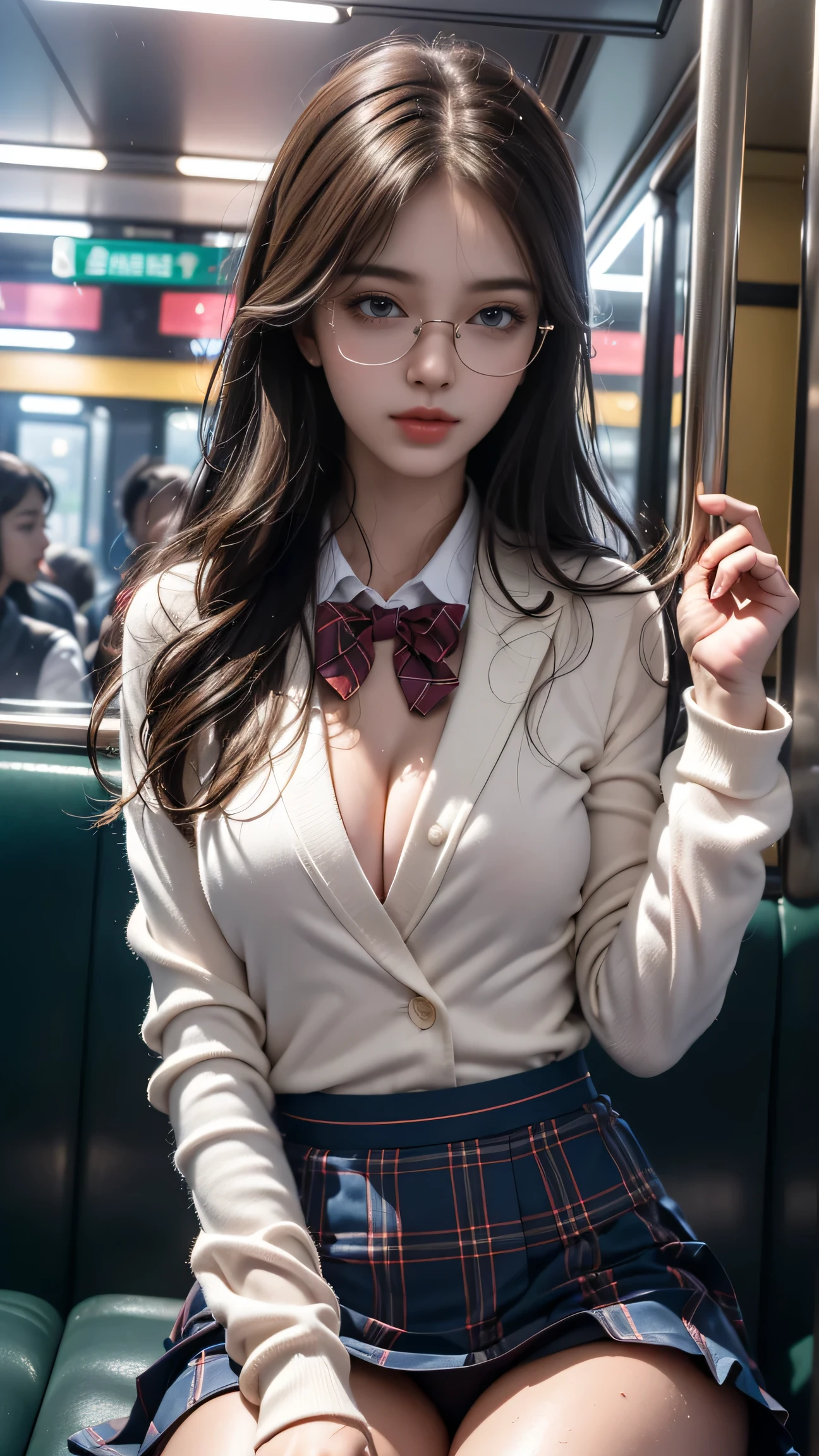 (Girl sitting on train seat)、Best quality work,Actual work,Ultra Premium Graphics,8K HD CG works,High quality graphics,High-definition CG works,10x pixels,Extremely fine detail:1.1,Advanced Technical Details:1.1 Photorealistic,Indoor lighting effects:1.5,Natural light:1.5. Light effects(virtual Light effects:1.8),Chestnut brown short hair、Bob((Eyes closed)), Thin eyebrows,High nose, Nice red lips, Rose Cheeks, A face with subtle makeup , Cute face, perfectly balanced face,(girl in school uniform),A light-toned foundation enhances the clarity of your skin.,((High school girl on the train door))、((Wet white blazer)),((Translucent wet white blouse、Red bow tie、Dark blue checked skirt)).((No bra)) 40k, photograph, Tabletop, highest quality, Rainy background, ((1 Gorgeous wet light haired girl with beautiful eyes, She has a beautiful face and wears glasses, )). White skin, Various poses.((Medium sized breasts,:1.1)), highest quality, Tabletop, Ultra-high resolution, (Realistic:1.4), RAWphotograph, (Perfect figure), (slim:1.3), Slim abdomen, Perfect slim figure, Dynamic Pose, alone, Cold light 12000K, Very detailed facial and skin texture, Fine grain, Realistic eyes, Beautiful fine grain, (Realistic Skin), Charm, 超A high resolution, Surreal, Very detailed,