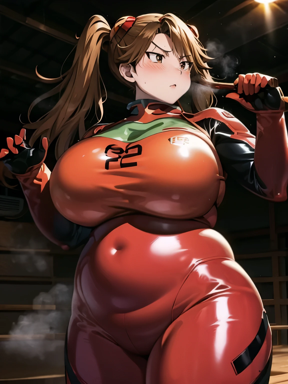 Sazaki Kaoruko,A girl in a bright red plugsuit, Brown Hair,Light brown eyes,Muscular!!,Blushed,Troubled expression,steam,Sweat,Steam coming from the body,pigtails,BIG Boned,turtleneck,Curvaceous loot,Cowboy Shot,Shot in a photo studio,Shiny bodysuit,Squat,Big Ass,Orange bra