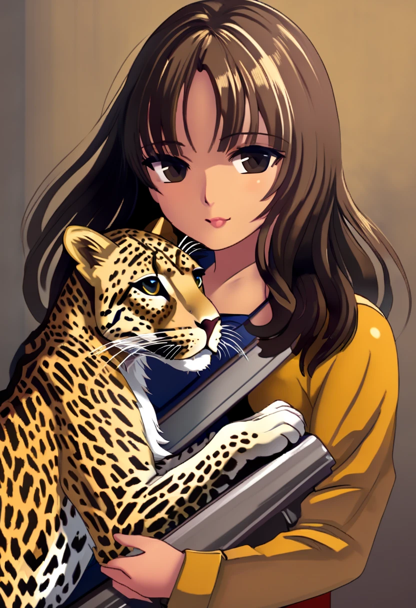 a girl, holding leopard