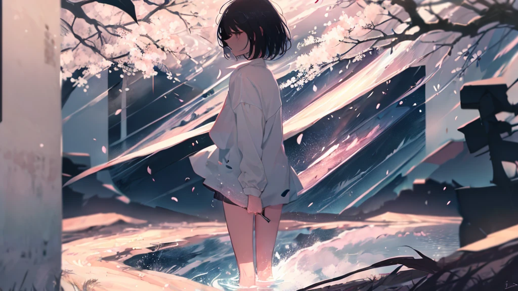 Product illustration for Girl in the Wind,cherry blossoms,In water,water,black hair,short bob,white skin,Pale complexion,Light skin tone,face forward,Are standing