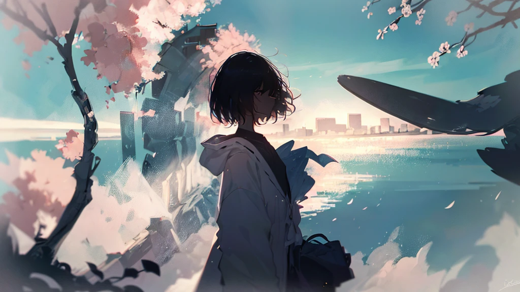 Product illustration for Girl in the Wind,cherry blossoms,In water,water,black hair,short bob,white skin,Pale complexion,Light skin tone,face forward,Are standing