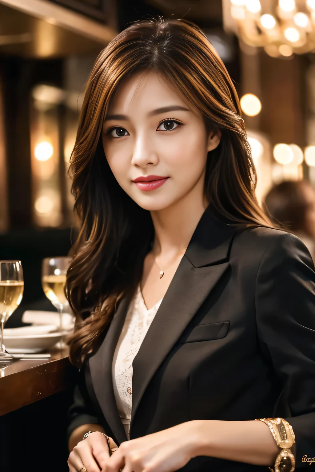 masterpiece, highest quality, Realistic, Very detailed, Finer details, High resolution, 8k wallpaper, One beautiful woman, Wear casual business attire, In a great restaurant, At night, Light brown messy hair, Perfect dynamic composition, Beautiful and beautiful eyes