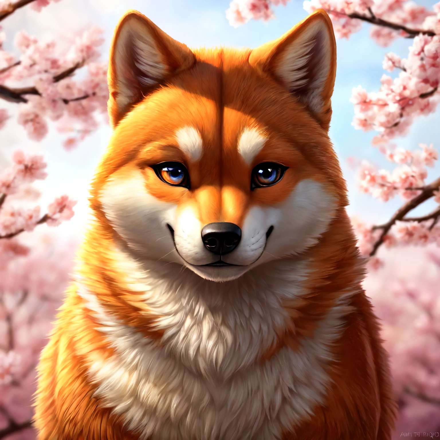 (Ultra detailed), a beautiful and intricately rendered full-size portrait of a Shiba Inu, (canine with orange and white fur), stoically looking directly at the viewer, ((anatomically correct)), ((loyal and affectionate expression)), classic pose with paws placed in front, ((sharp and detailed eyes with expressive eyebrows)), traditional Japanese background featuring cherry blossoms, (high-quality texture and shading), (detailed fur texture), 4K HD, (dynamic lighting), by (renowned artists such as BISQUIT, AmyQ, or Xia Taptap), trending on ArtStation, #ShibaInuArt, Foxovh, cin
