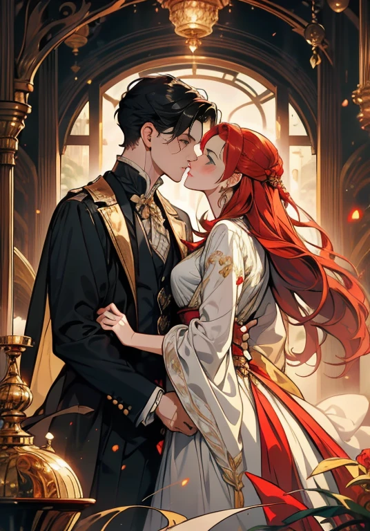 ((masterpieces)), best quality, exceptional illustration, a couple kissing, soft focus, 1 boy with short black hair, BLUE EYES, 1 girl with long wavy red hair, GOLDEN YELLOW EYES, Victorian clothing, Victorian romanticism, opulent and exquisite atmosphere, soft light and warm lighting.