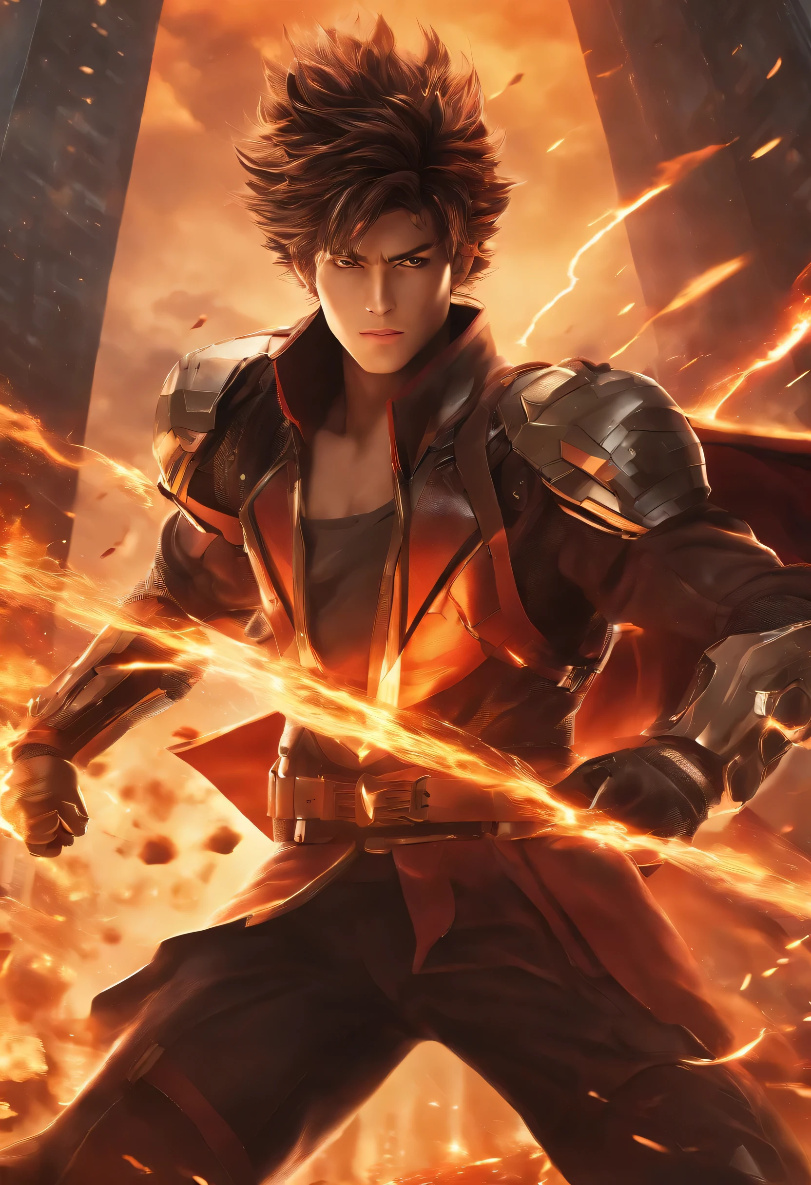 Create an anime-style poster using the Niji model. The character is a young, fiery hero with spiky, explosive hair and fierce, determined eyes. He is wearing a futuristic suit of armor and striking a dynamic, aggressive pose. His expression is intense, as if he's shouting a battle cry. The background is a cityscape in the midst of an epic battle, with explosions lighting up the sky. The overall style of the poster is reminiscent of shonen anime, with bold lines, dramatic lighting, and a sense of high-stakes action.