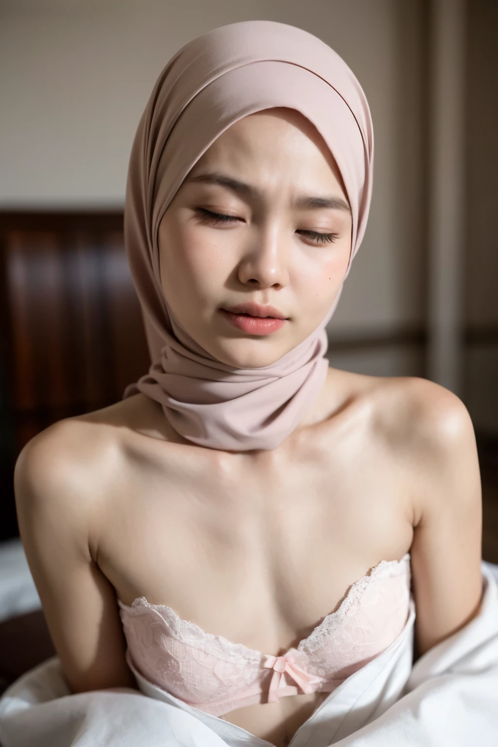 (((Wearing t-shirt without picture))), ((Flat Chest:1.6)), Wear and act like Rosyam, ((Closed Eyes)), ((Strapless Colourful bra Flat Chest)), Naked, Angry pose, Angry face, (((HIJAB MALAY GIRL))), masutepiece, High quality, UHD 45K, Realistic face, Realistic skin feeling , A Japanese Lady, 8 , , Very cute and baby-like face, (((FLAT CHEST))), (MATRIX WORLD), ((look In front  at the camera and SADNESS)), ((())), (((CUTE GIRL))), ((PEACH PASTEL LIPS)), ((SATIN LACE)), ((CHUBBY)), ((UNDRESS)). Brown, Flat Chest, Wearing G-String. Sitting, from behind view up, seductive pose, (Small face)