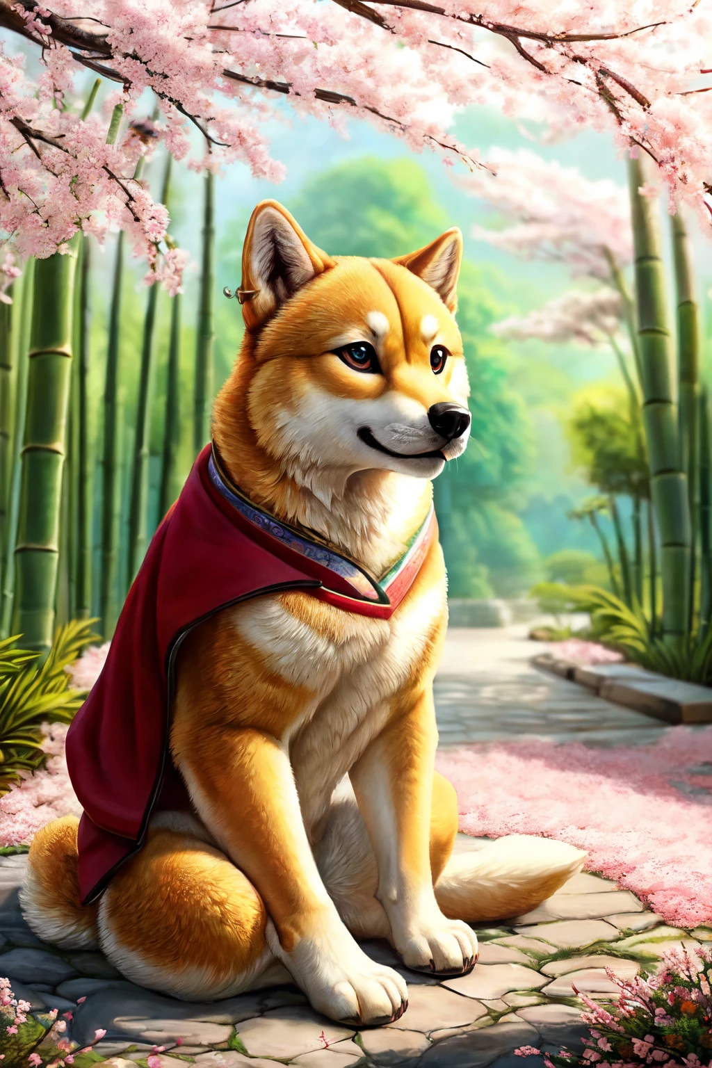 A Shiba Inu: (ultra detailed), a beautiful and intricately rendered full-size portrait of a majestic Shiba Inu, ((best quality, masterpiece, very detailed, beautiful art style)), red coat with distinctively marked sesame patterns, ((anatomically correct)), piercing almond-shaped eyes, perked-up ears,as if alert and observant, sitting in a serene garden setting, ((outdoors, sunny day)), flowers, cherry blossoms, in full bloom, detailed background showcasing traditional Japanese architecture, bamboo forest, and a clear blue sky, realistic eyes with fine expressions, capturing the unique personality of the Shiba Inu breed, Ken