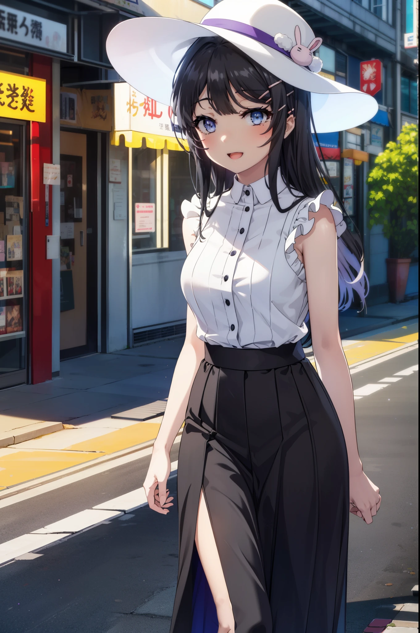 (masterpiece, Best Quality),  1 girl,  Mogami Def,  Black Hair , Long Hair, , bangs,  blue eyes,  side lock, blunt bangs, skirt, shirt,  long sleeve ,  jacket, white shirt,  pantyhose , frills, Open the clothes, black skirt, open  jacket, neck ribbon, ribbon, hair intakes, blue  jacket, brown  pantyhose , green ribbon, center frills, frilled shirt,bustling street,blue sky, Sunny