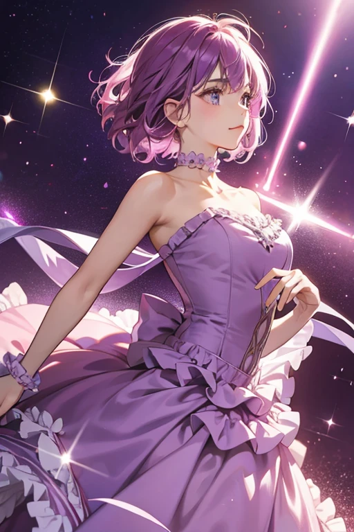 The purple wears a magenta gown with a deeper cut and lighter purple frills. SPARKLE; GLITTER