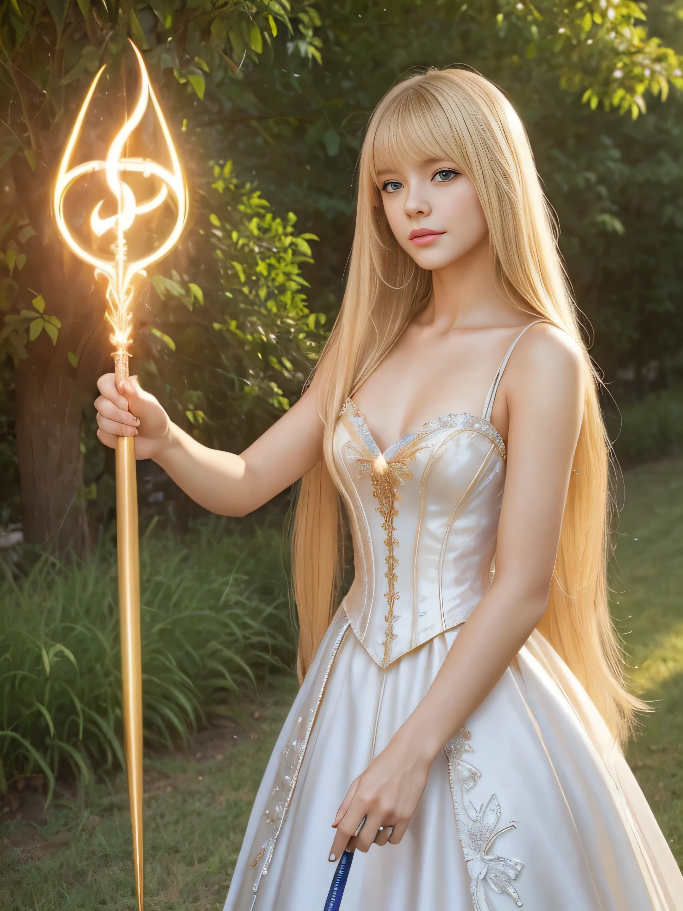 ((Full Shot:1.3)) (big 1.4) ((highest quality)), ((masterpiece)), (Get used to it), Perfect Face (1 girl) (French) (She is 、The cutest and most beautiful fantasy girl in France) ((highest quality)), ((masterpiece)), length blonde hair length, shining golden hair,Golden Silky Hair, Straight blonde hair, length blonde straight hair, Perfect Silky Straight Hair, Straight blonde hair, length blonde hair, Her hair is long and straight, detailed length blonde hair ((big 1.4)) Super Long Hair down to the ankles ((Neat bangs The neatly trimmed bangs are princess cut and cover the entire forehead.......))... bright crimson lips good, Anatomically correct hand Thin fingers Anatomically correct five fingers Sexy professional makeup Beautiful French girl face, French facial features, Long Hair shiny Long Hair, length, shining golden hair, length, Straight Golden Hair, Her hair is long and straight, Super Long Hair girl, Silky Hair, length blonde hair, Silky Hair, length, Flat Hair, Silky texture, Long Hair, length, flowing blonde hair, thin and shiny hair Anatomically correct、White beautiful human skin and detail of hands and fingers Beautiful Eyes Mouth Details the corners of the mouth rise slightly Cool look (The eyebrows are dark brown in color) (She is wearing the gorgeous blue dress worn by Cinderella in the live-action version. Disney Color Photos、tumbler、Renaissance、Cinderella、She is wearing a gorgeous white Victorian dress..) (This is the European prairie of the 16th century.:1.5) (She is posing as if she is casting a spell with a magic wand.:2.0)