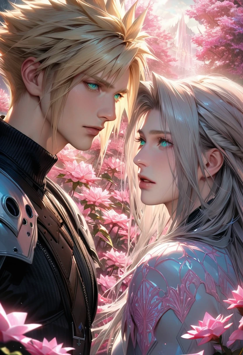 absurdres, highres, ultra detailed, HDR, masterpiece, extremely detailed face and eyes, realistic face, Cloud Strife, blond hair, expressive blue eyes, Final Fantasy VII remake, Sephiroth, grey long hair, expressive green eyes, two men together, gay couple, handsome, black clothes, patterns, pink ice trees, pink ice flowers, pink ice butterflies