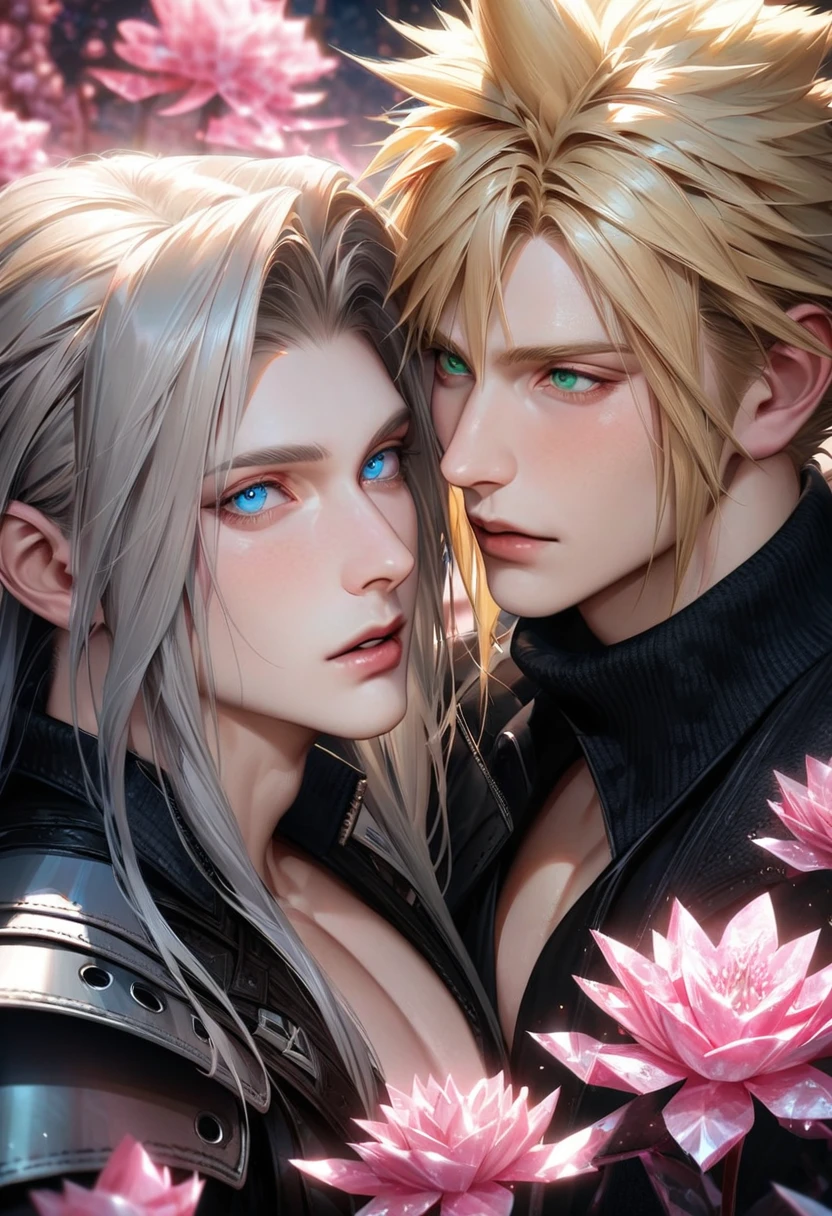absurdres, highres, ultra detailed, HDR, masterpiece, extremely detailed face and eyes, realistic face, Cloud Strife, blond hair, expressive blue eyes, Final Fantasy VII remake, Sephiroth, grey long hair, expressive green eyes, two men together, gay couple, handsome, black clothes, patterns, pink ice trees, pink ice flowers, pink ice butterflies