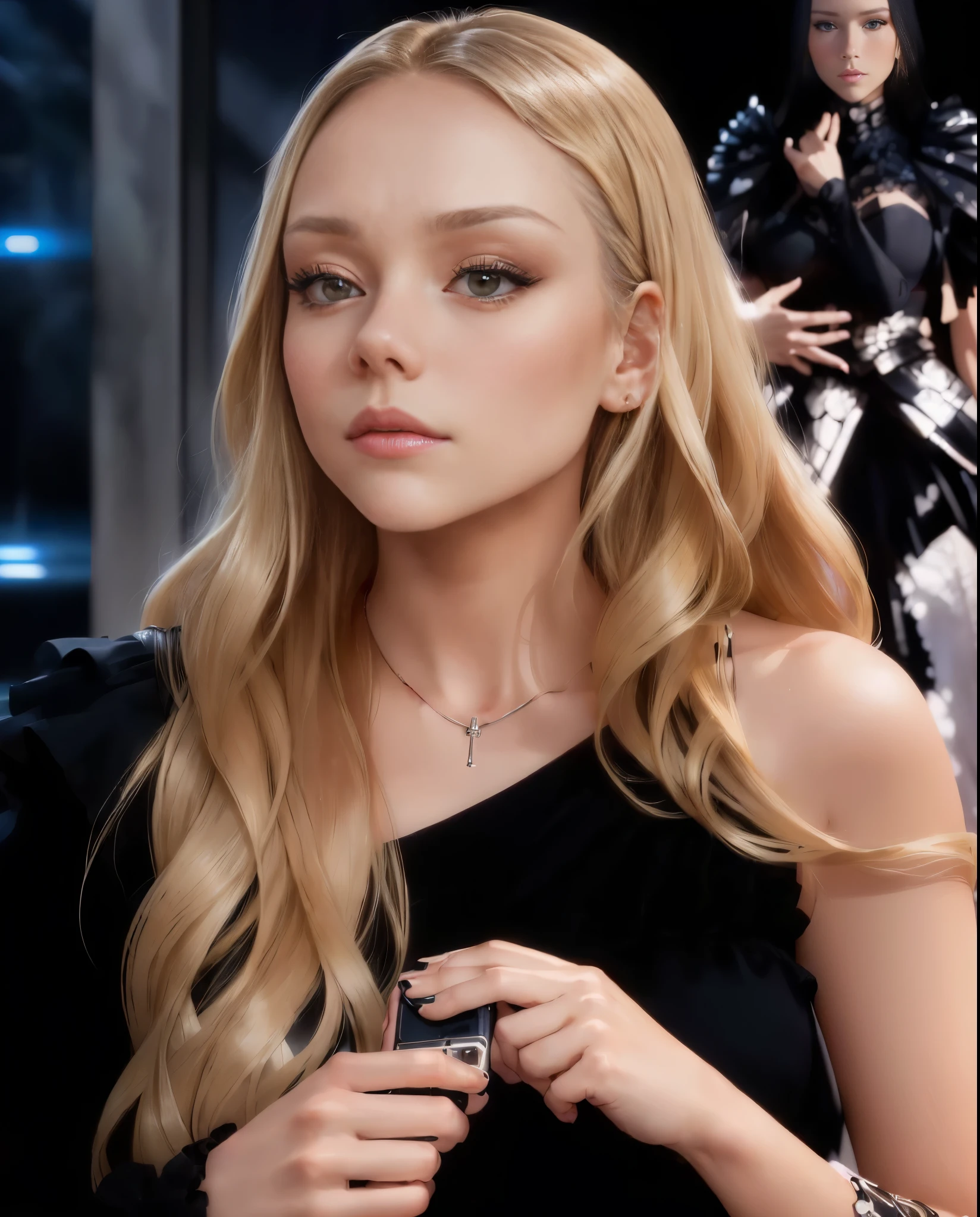 a women, blonde woman with long hair and black dress holding a mobile phone, Ester Exposito, ((sad):1.3), In der Show Westworld, Lindsey-Look, devon cady lee, Elizabeth Olsen, ((oversaturated)), Corinne Tag, but a stern look over them, Gesicht wie Ester Exposito, olya bossak, Scarlett Heads, ((she has a romantic expression on her face):1.2)