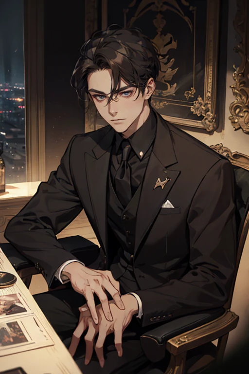 ((One young man with a black suit and tie)), alejandro, (((one side swept dark short neat hair))), ( green eyes and thick eyebrows), ((20 years old)), ((masterpiece)), ((cinematic lighting)), relax look and smirk, waiting for someone