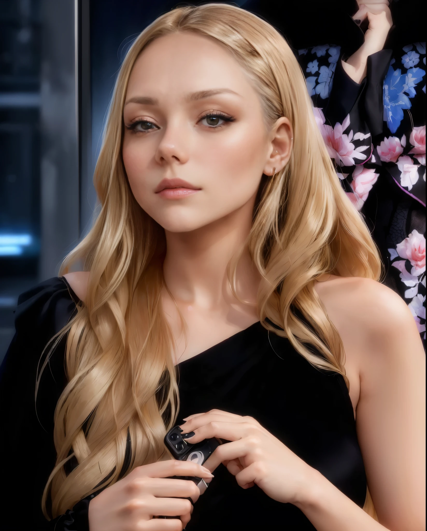 a women, blonde woman with long hair and black dress holding a mobile phone, Ester Exposito, ((sad):1.3), In der Show Westworld, Lindsey-Look, devon cady lee, Elizabeth Olsen, ((oversaturated)), Corinne Tag, but a stern look over them, Gesicht wie Ester Exposito, olya bossak, Scarlett Heads, ((she has a romantic expression on her face):1.2)