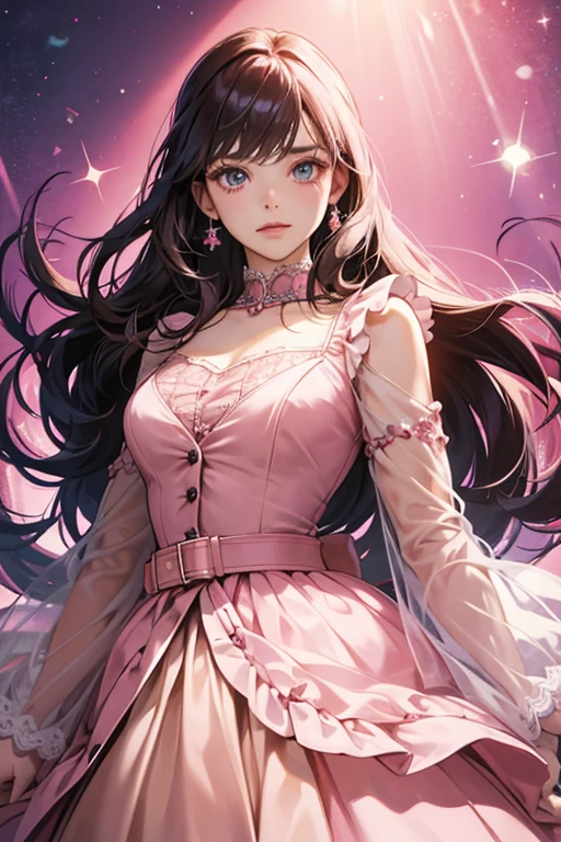 The magentawears a pink gown with a darker collar and a button, as well as a fabric belt around her middle. SPARKLE; GLITTER