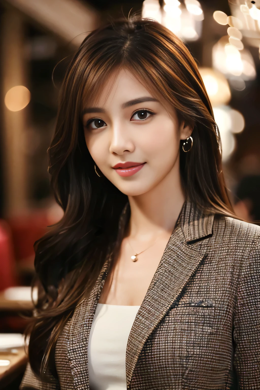 masterpiece, highest quality, Realistic, Very detailed, Finer details, High resolution, 8k wallpaper, One beautiful woman, Wear casual business attire, In a great restaurant, At night, Light brown messy hair, Perfect dynamic composition, Beautiful and beautiful eyes