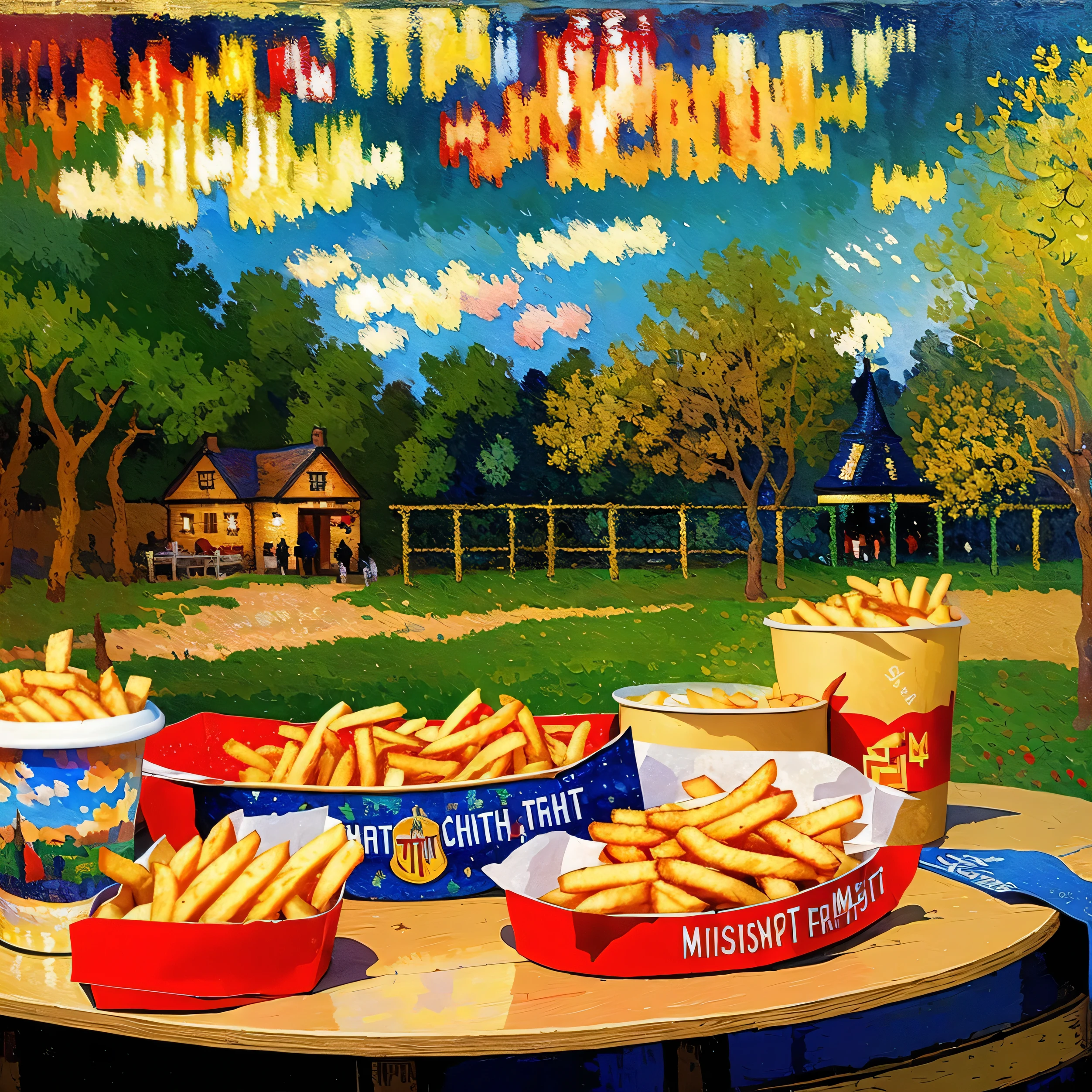 [(transparent background: 1.5)::5],(((masterpiece))),(((best quality))),(((extremely detailed))),illustration, mysterious,vivid color, shiny , (impressionism: 1.4), Pret A Manger, (French Fries), Family Barrel, (Fish and Chips), (snack bar), (food stand), london, (Harry Potter style), wizarding world style, restaurant, food, food service, typography, mysterious fonts,