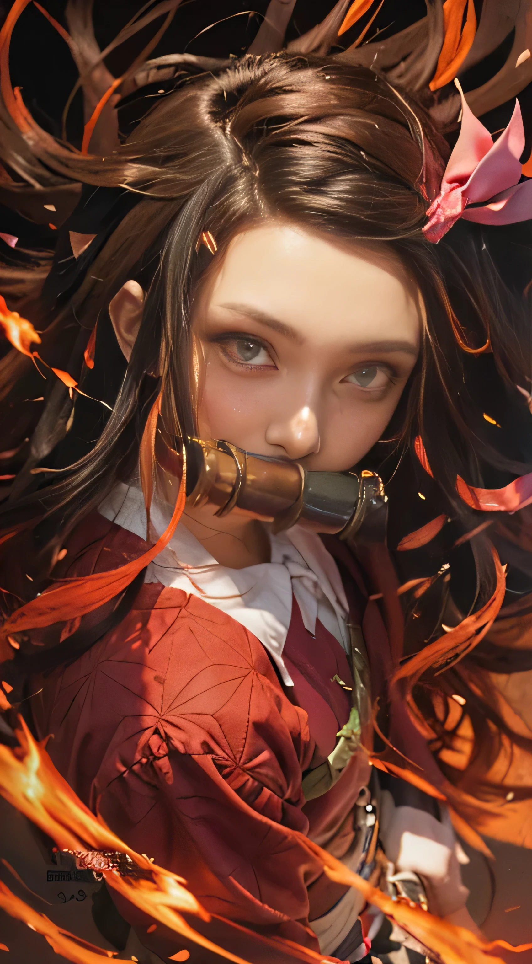 a girl with long hair and a bow in her hair, nezuko, nezuko-chan, demon slayer artstyle, demon slayer rui fanart, ayaka genshin impact, rin tohsaka, official artwork, demon slayer, tanjiro kamado, flaming katana, kawacy, anime visual of a cute girl