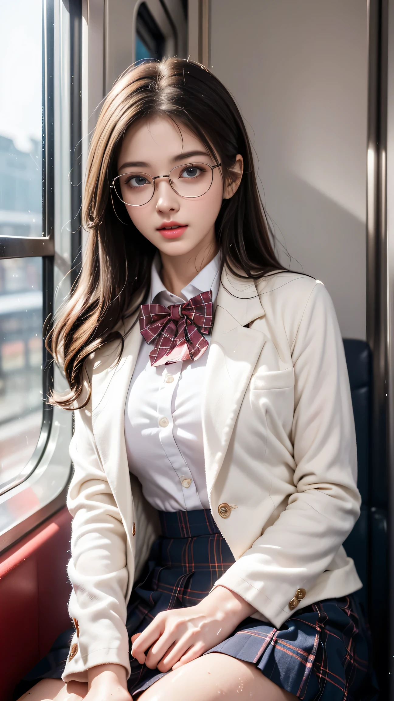 ulzzang-6500-v1.1, (Raw photo:1.2), (Photorealistic:1.4), Beautiful detailed girl, Very detailed eyes and face, Beautiful detailed eyes, Ridiculous, Incredibly ridiculous, Huge file size, Ultra detailed, High Definition, Very detailed, Best quality, Masterpiece, Kemomimi, ((Japan Girls' High School Uniform)), pantyhose, Illustration, Very detailed, CG, Unification, 8k wallpaper, amazing, fine detail, masterpiece, best quality, highly detailed cg uniform 8k wallpaper, face light, movie lighting, 1 girl, , (without panties)), (with glasses), (dynamic pose))), (camel toe), (half), (bent knees and legs sitting))
