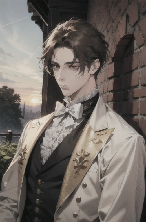 (absurdres, highres, ultra detailed),(absurdres, highres, ultra detailed), 1 male, adult, handsome, tall muscular guy, broad shoulders, finely detailed eyes and detailed face, long brown hair, large 18th-century baroque mansion, garden, nobleman, aristocratic, elegant, neat, graceful, sunset, scenery, smile upper body, attractive, red eyes