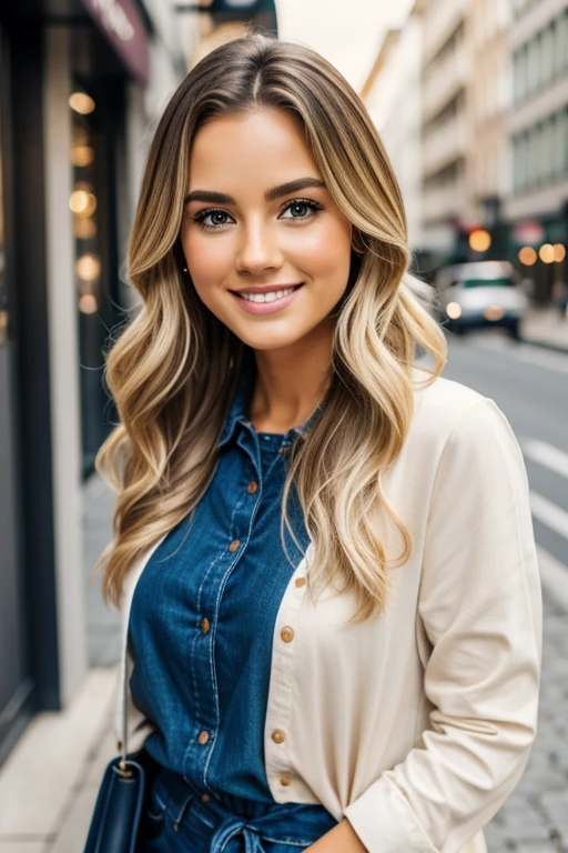 beautiful blonde with blonde highlights wearing a casual clothes, highly detailed, 30 years old, innocent face, natural wavy hair, hazel eyes, Beauty 3 people, 3 people beauties, Casual clothes, A hyper-realistic, Smiling expression, shopping hiquality, Friends group, Nikon, Canon, Fujifilm, HD, 4K, 8k